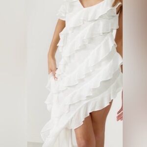 White Ruffle Tiered Mini A-symmetrical ruffle Lined Dress Spaghetti Strap Size S
